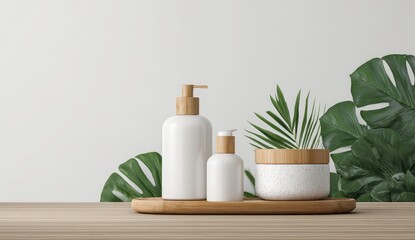 Minimalist scene white ceramic & bamboo skincare containers on wooden tray, flanked by tropical leaves against a white wall
