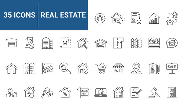 Real Estate set of web icons in line style. Realty icons for web and mobile app. Purchase and sale of housing, property, rental premises, insurance, realty, home loan, mortgage and more