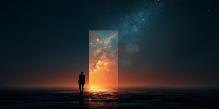 Man standing in front of heaven gate in the sky background wallpaper with copy space. Christian religious backdrop