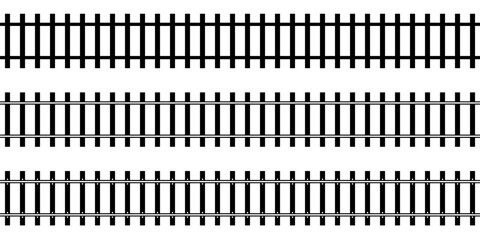 Top view of straight railways isolated on white background. Set of direct railroad tracks with rails and ties. Transportation infographic. Seamless vector illustrations.