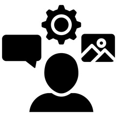 Content Creator Glyph Black Fill Silhouette Style Icon - Person with gear and media icons, representing a digital content creator or online publisher