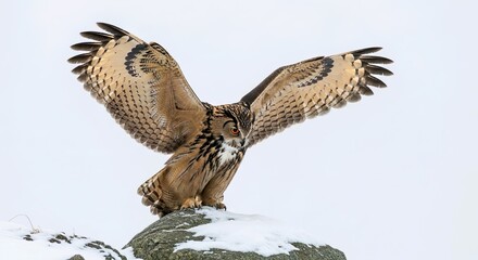 Fototapeta premium Majestic Eurasian Eagle Owl winter snow landing breathtaking power grace