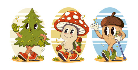 Summer forest characters in retro hiking style. Cute mushroom, acorn, pine tree with shoes, backpack, and walking stick. Funky nature friends vector set
