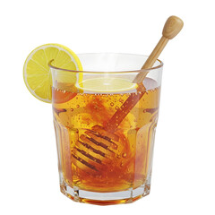 Fototapeta premium Photo of a glass of honey tea with a lemon slice and wooden honey dipper is isolated on transparent background, capturing its warm, inviting glow