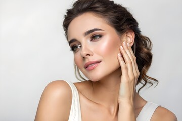 Fototapeta premium Beautiful woman holds hand near chin 