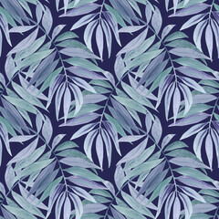 Fototapeta premium Watercolour blue green tropical palm leaves illustration seamless pattern. On dark background. Hand-painted. Floral elements, jungle leaves. For fabric, sketchbook, wallpaper, wrapping paper, banner