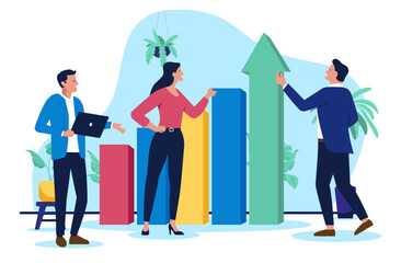 Team of businesspeople standing with a large green ascending arrow and bar charts, celebrating success and indicating significant business growth, profit, or goal achievement. Flat design vector