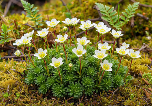 Saxifraga hirculus, detailed macro of blooming alpine flowers with white petals and yellow centers in mossy habitat. For seasonal calendars, nature posters and eco blogs.