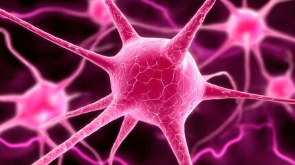 Close-up of glowing pink neurons with branching dendrites, vibrant neural network, ideal for science or medical use, with space for text.
