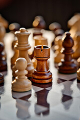 Chess pieces arranged in strategic and symbolic positions. The image can be interpreted through...
