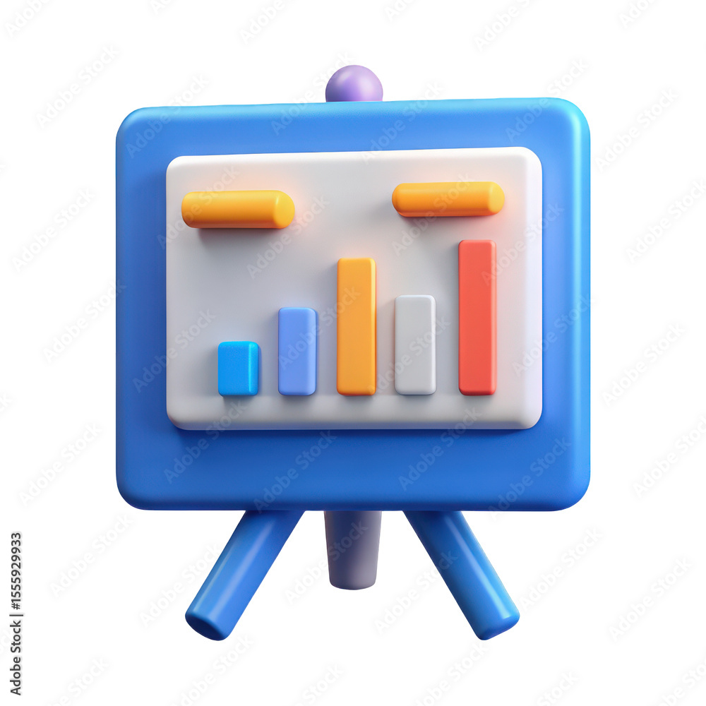 Poster colorful 3d render of a small presentation board showing a bar chart with various data points for bu