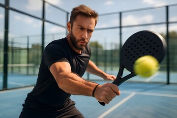 Focused man hitting a padel ball during an intense outdoor match on a modern court. Male athlete playing padel tennis in action with dynamic movement. Professional padel player. Active sport. Tennis. 
