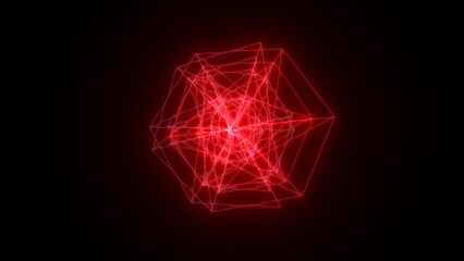 Glowing red geometric structure with dynamic energy lines radiating from the center on a dark background