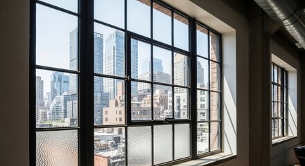 Cityscape view through large industrial windows offering natural illumination