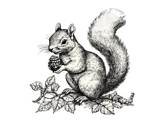 Hand-drawn autumn squirrel with acorn, vintage forest animal sketch, engraved woodland motif, seasonal nature decor, retro style black sketch, old engraving technique, rustic outdoor art © Vintage Studio