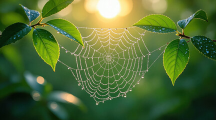 Spider web with dewdrops on green leaves at sunrise, close-up in forest background, photorealistic macro style. Great for ecology ads, wellness posters, meditation visuals, and more.