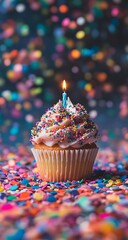 A cupcake with colorful sprinkles and a candle, placed on top of confetti for a lovely birthday celebration.