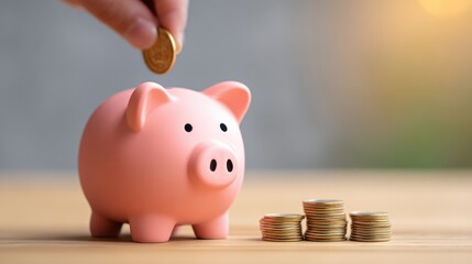 Close-up of piggy bank being filled with coins.