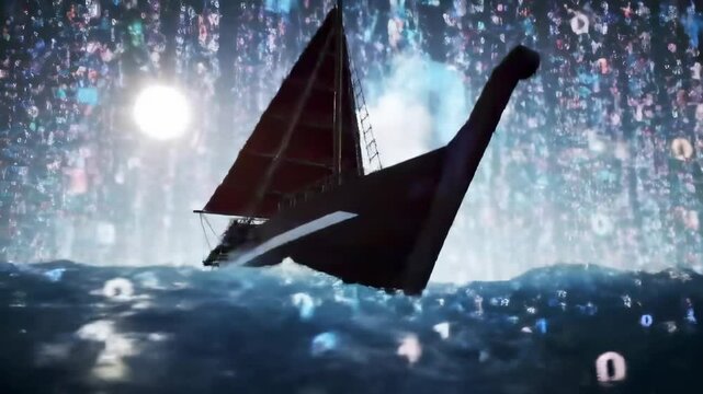 Digital sailing vessel navigating through a data ocean futuristic illustration for digital art or technology backgrounds