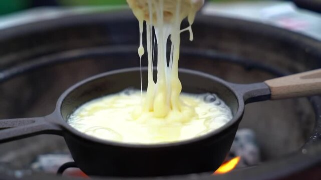 Grilled fondue - melted cheese in a mini pot over charcoal.  Cheesy omelette being cooked in a frying pan with melted cheese stretching over the edges