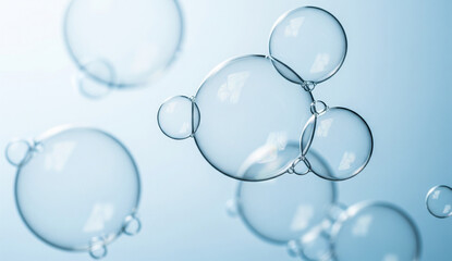 Transparent Soap Bubbles Floating on Soft Light Blue Background