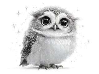 Fototapeta premium A cute baby owl with big eyes standing in a field of sparkles looks innocent and ready for adventure.