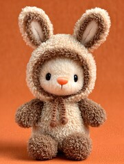 Fototapeta premium A cute and cuddly bunny plush toy with a hood sits upright against an orange background, adorable and fluffy.
