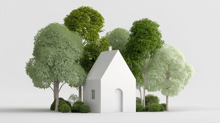 White Minimalist House Model Surrounded by Green Trees isolated white background