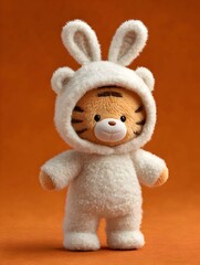 Fototapeta premium An adorable tiger teddy bear wears a cute bunny hooded pajama suit on a bright orange studio backdrop scene.