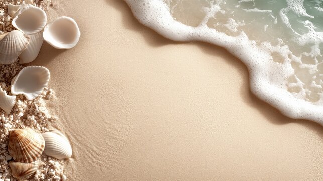Close-up of fine beach sand with scattered starfish and seashells, free copy space