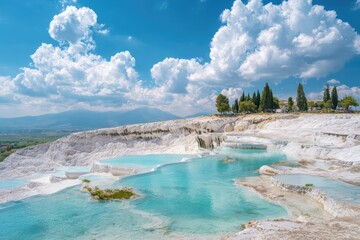 Sun-drenched turquoise pools cascade down a white travertine hillside, under a vibrant blue sky dotted with fluffy clouds; distant mountains and a grove of trees complete the picturesque scene