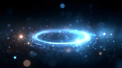 Futuristic glowing blue ring and particles on dark background, abstract sci-fi energy field, ideal for tech or design projects