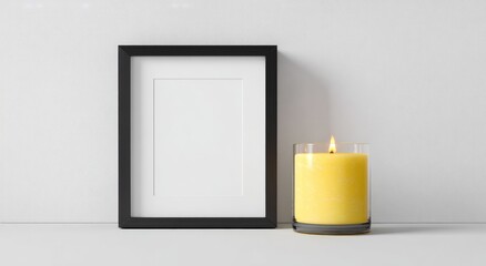 A black frame and a lit yellow candle in a clear glass jar sit on a minimalist white surface against a white background
