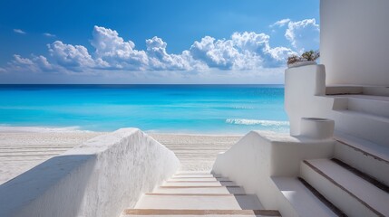 White Sand Steps Leading to a Turquoise Ocean Under a Bright Blue Sky with Fluffy Clouds