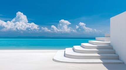 White Sand Steps Leading to a Turquoise Ocean Under a Bright Blue Sky with Fluffy Clouds