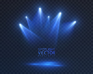 Stage spotlights with blue glow and bright downward beams. Realistic vector spotlight for stages, presentations and show design.