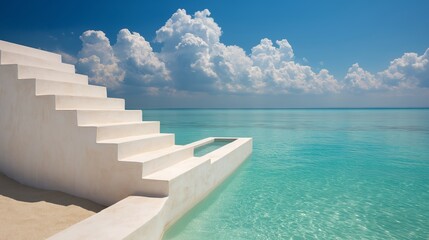 White Sand Steps Leading to a Turquoise Ocean Under a Bright Blue Sky with Fluffy Clouds