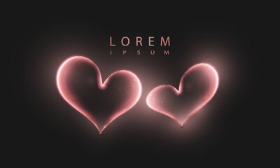 Glowing pink hearts with soft glow on dark background. Element for romantic design, banners and cards.