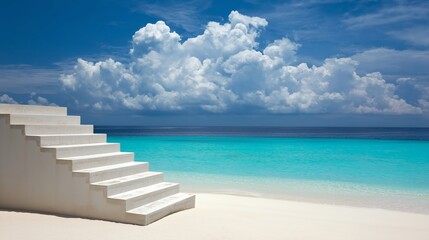 White Sand Steps Leading to a Turquoise Ocean Under a Bright Blue Sky with Fluffy Clouds