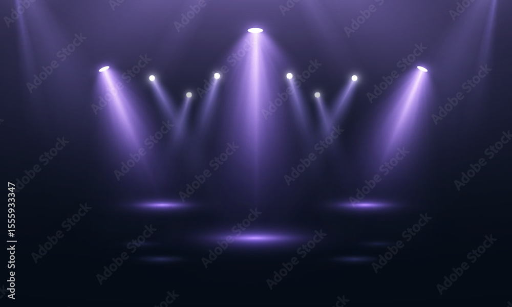 Poster stage spotlights with violet glow and downward beams. realistic vector spotlights for stages, presen