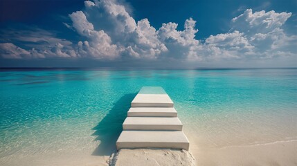 White Sand Steps Leading to a Turquoise Ocean Under a Bright Blue Sky with Fluffy Clouds