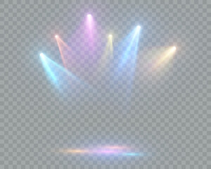 Stage spotlights with colorful multicolor beams. Realistic vector spotlights for stages, presentations and show design.