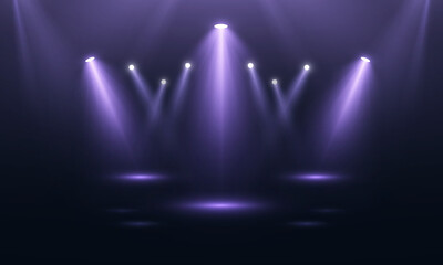 Stage spotlights with violet glow and downward beams. Realistic vector spotlights for stages, presentations and show design.