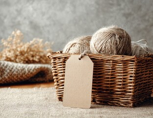 A wicker basket holds beige yarn balls; a blank tag hangs from the basket's side, set against a rustic backdrop