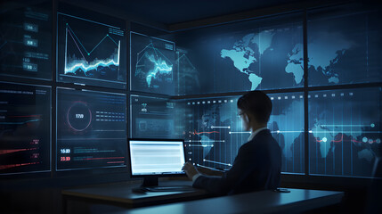 Business data analytics research concept, report graph dashboard monitor and financial investment planning. Businessman analyzing business data graphs on virtual screen.