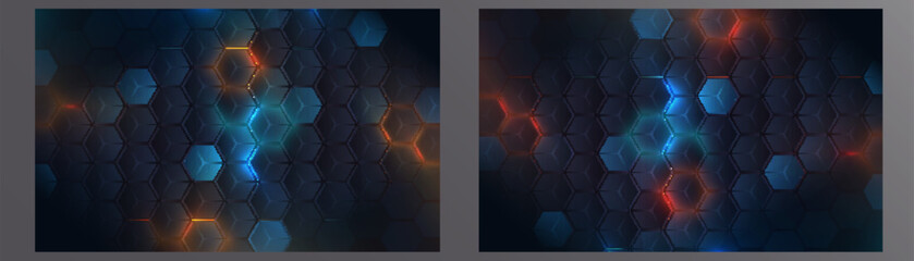 Hi-tech hexagonal vector background with bright light honeycombs in dark color scheme. Used in interfaces, futuristic panels and data visualizations.