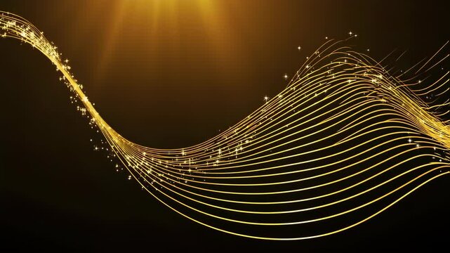 Abstract music background with golden notes and a digital wave pattern, perfect for web design wallpaper. glowing gold wavy curve lines on dark background for an award setting
