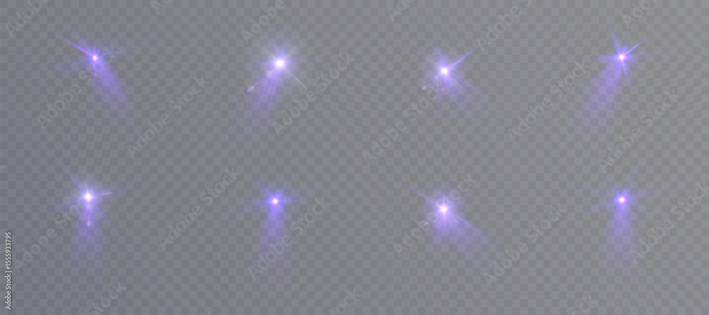 Poster collection of purple light glares with rays on transparent background. bright light rays, reflection