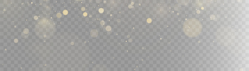 Gold dust light bokeh. Christmas glowing bokeh and glitter overlay texture for your design on a transparent background. Golden particles abstract vector background.	
