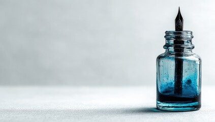 A nibbed pen rests in a small, clear glass bottle filled with vibrant blue ink against a muted background